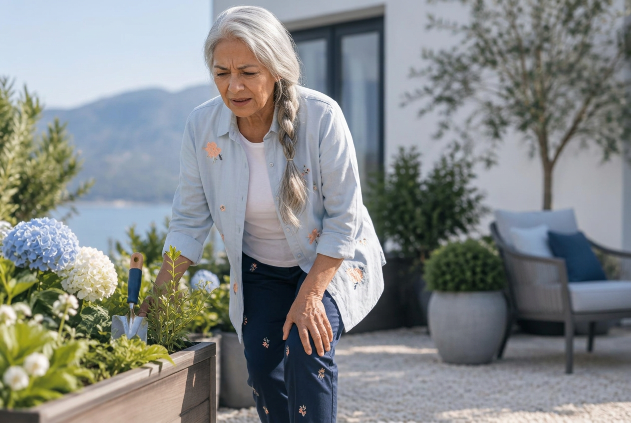 Older woman gardening while experiencing knee discomfort from arthritis