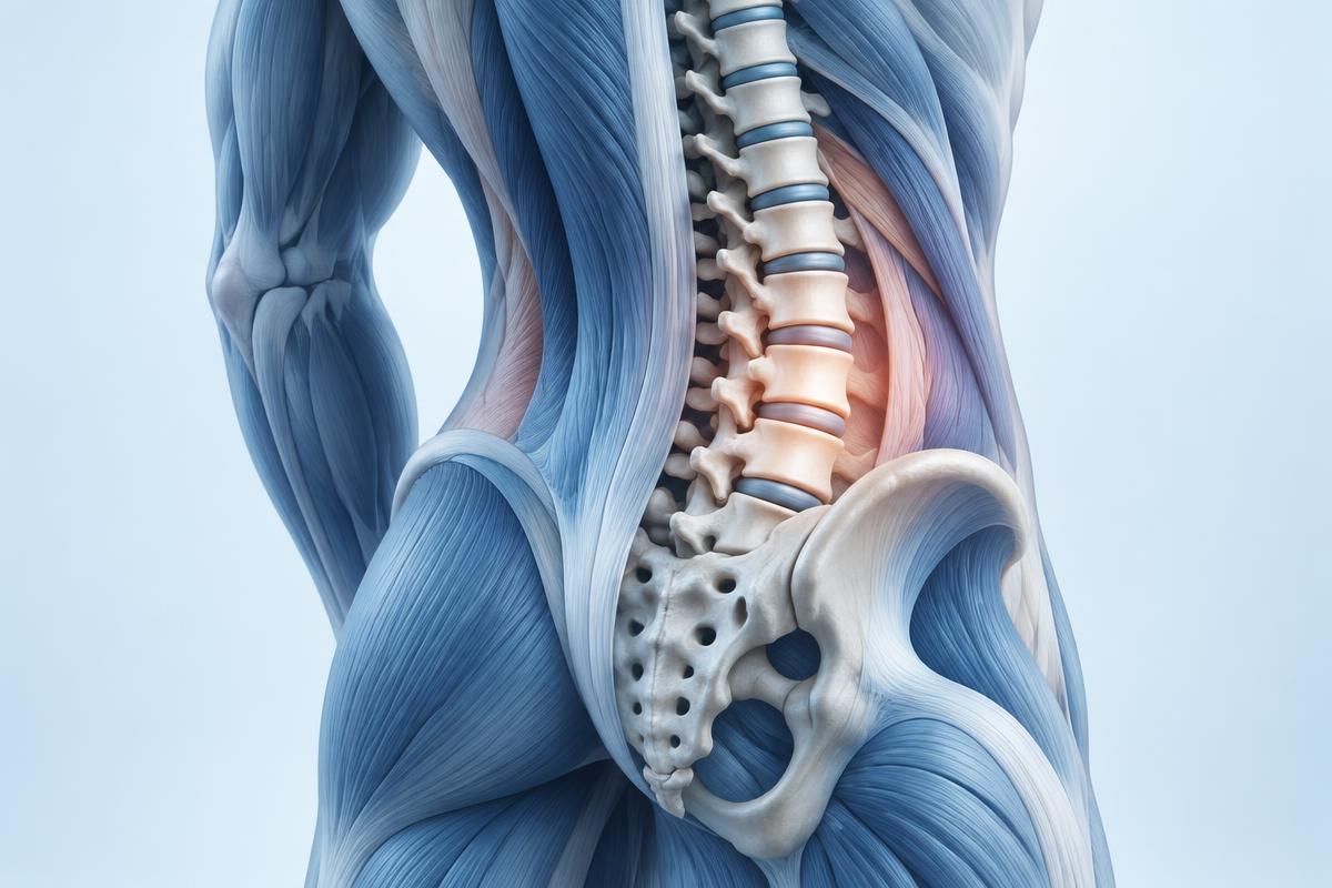 Anatomical illustration of the lumbar spine and lower-back muscles