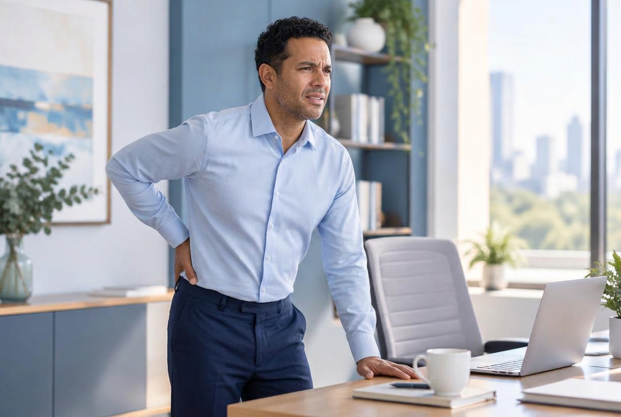 Office professional standing with lower-back discomfort after prolonged sitting