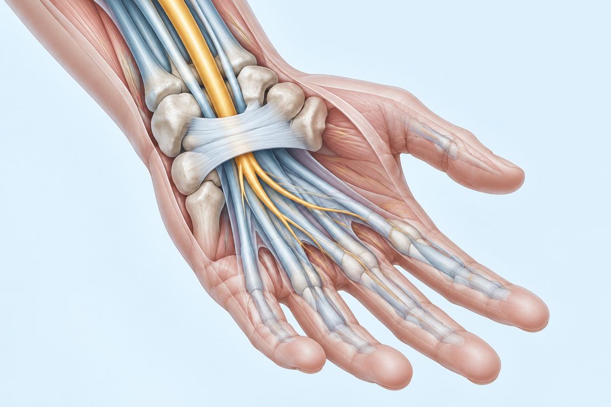 Anatomical illustration of the median nerve passing through the carpal tunnel