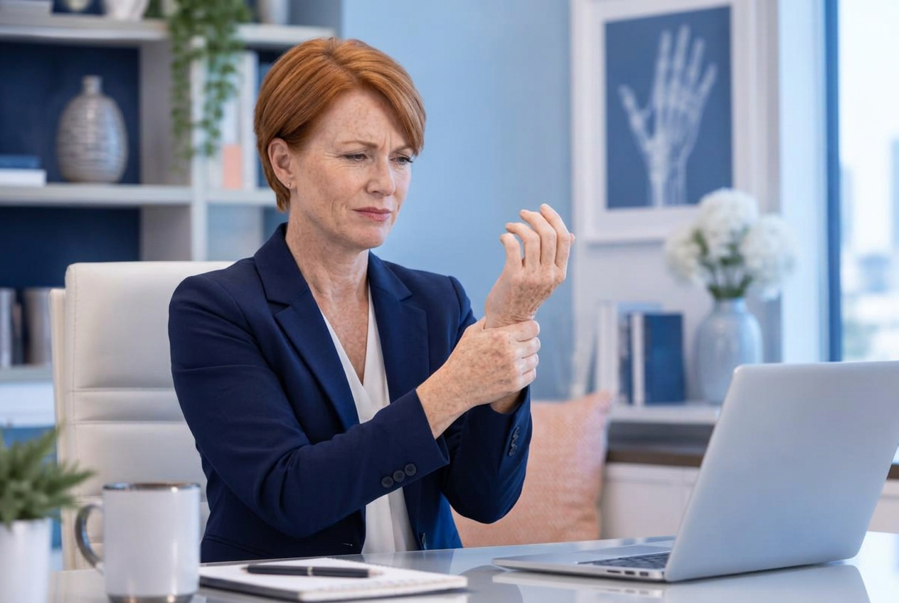 Office professional holding her wrist with discomfort after typing