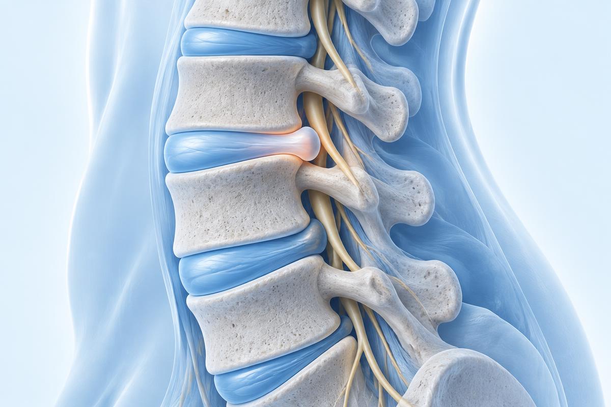 Anatomical illustration of a bulging lumbar disc near a spinal nerve