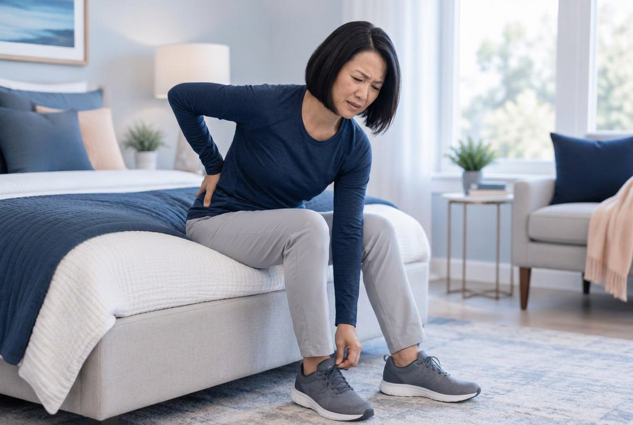 Woman seated while tying her shoe with lower-back discomfort