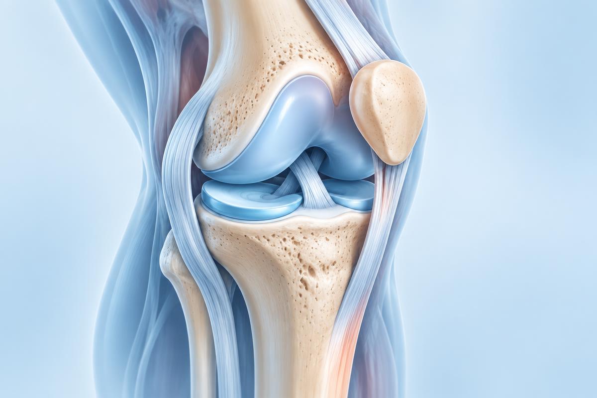 Anatomical illustration of the knee joint, cartilage, meniscus, and ligaments