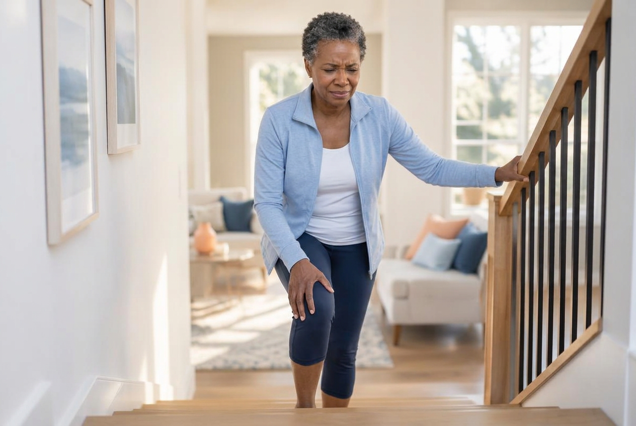 Woman holding her knee with discomfort while walking up stairs