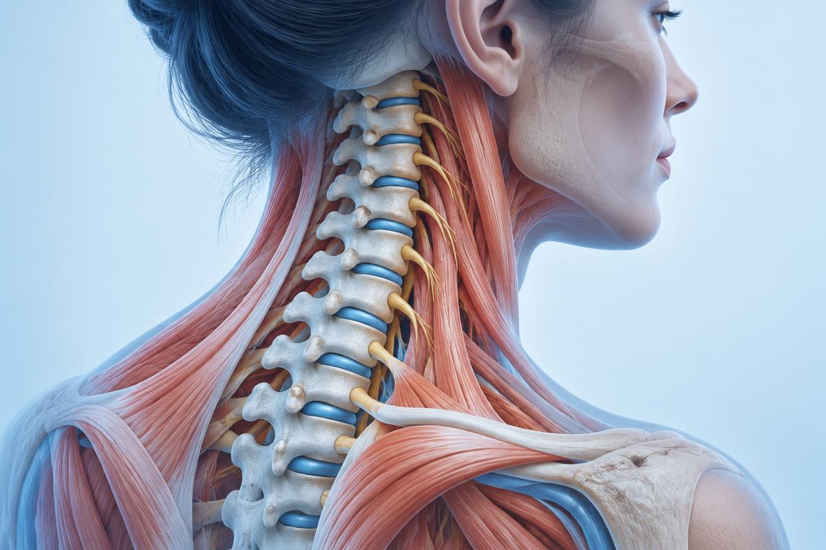 Anatomical illustration of the cervical spine, neck muscles, and spinal nerves
