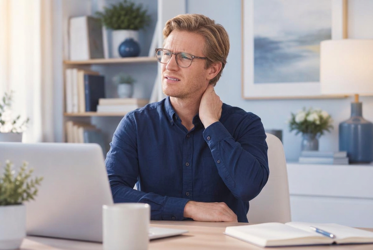 Man at a desk holding his neck with visible discomfort