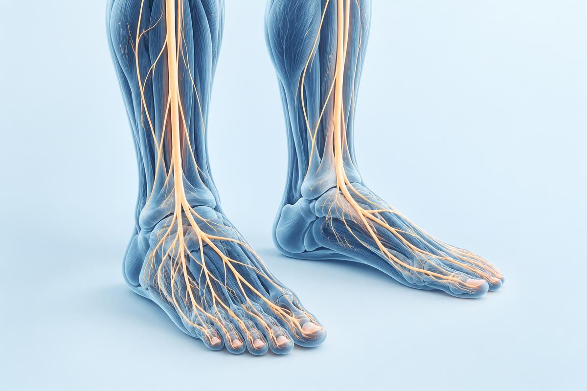 Anatomical illustration of peripheral nerves in the lower legs and feet