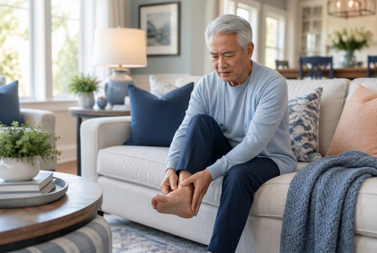 Older man holding his foot with discomfort from peripheral neuropathy symptoms