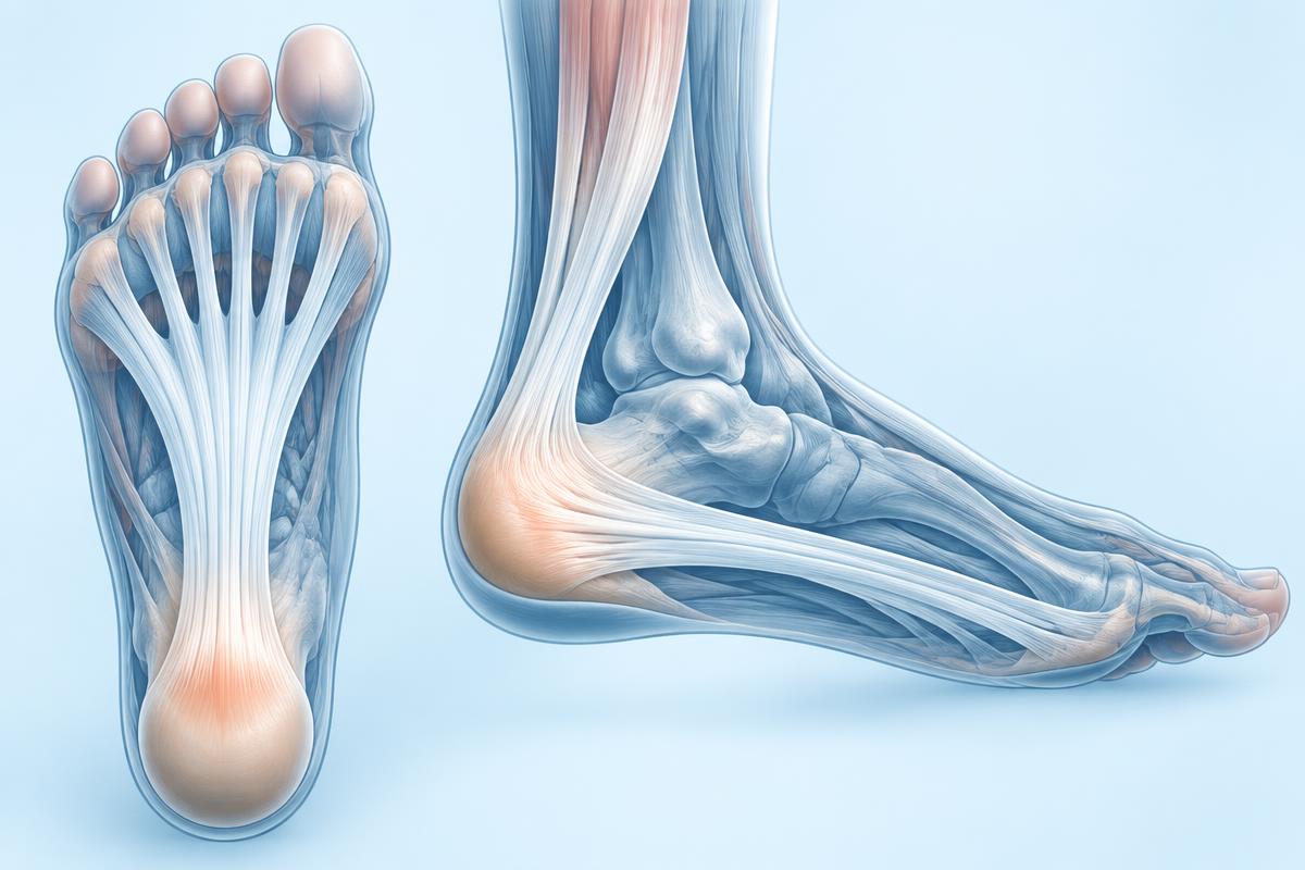 Anatomical illustration of the plantar fascia and its attachment at the heel