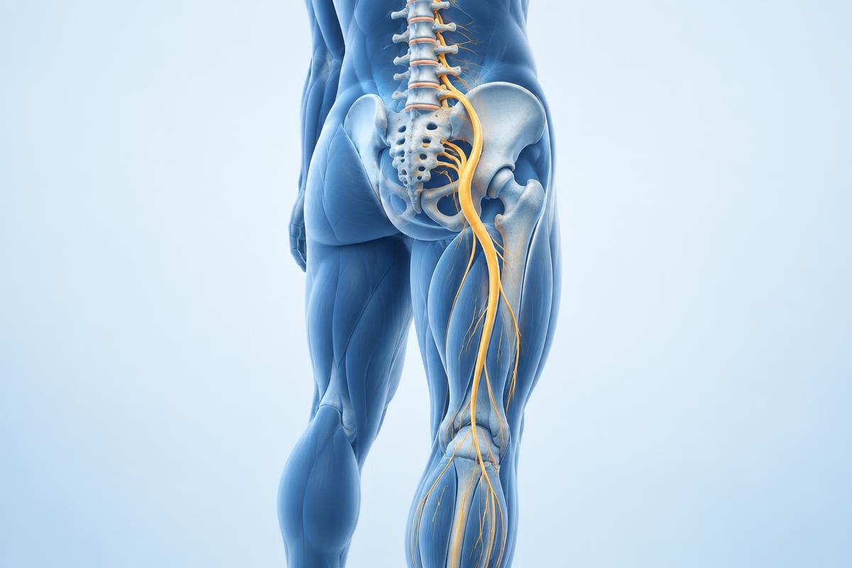 Anatomical illustration of the sciatic nerve from the lumbar spine down the leg
