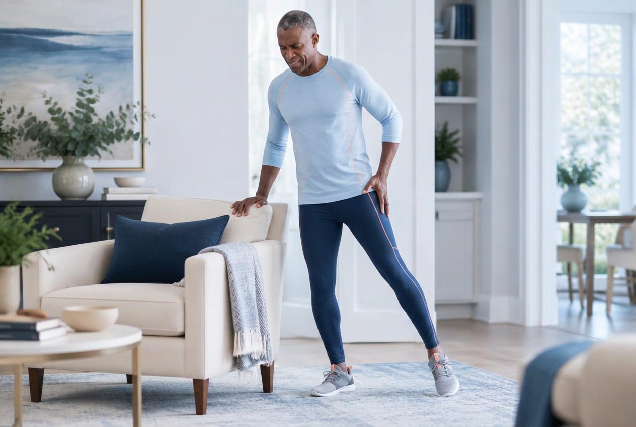 Man stretching his hip and leg while experiencing sciatic discomfort
