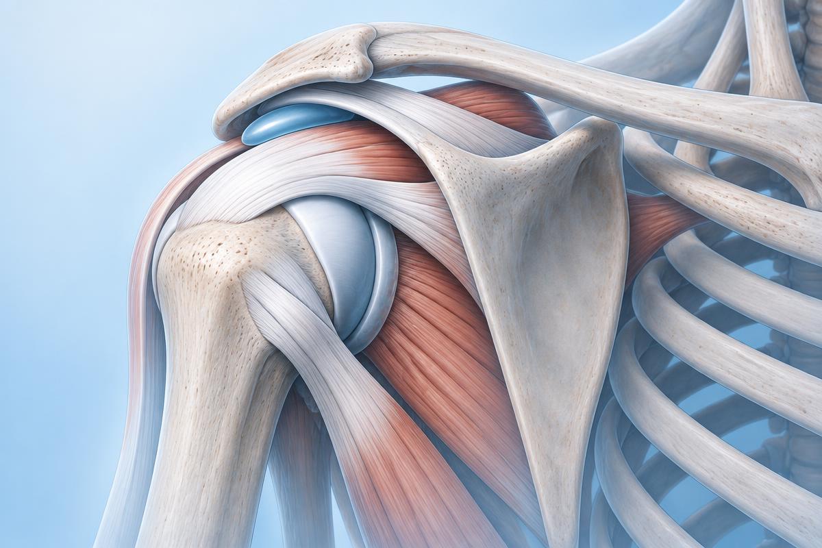 Anatomical illustration of the shoulder joint and rotator cuff