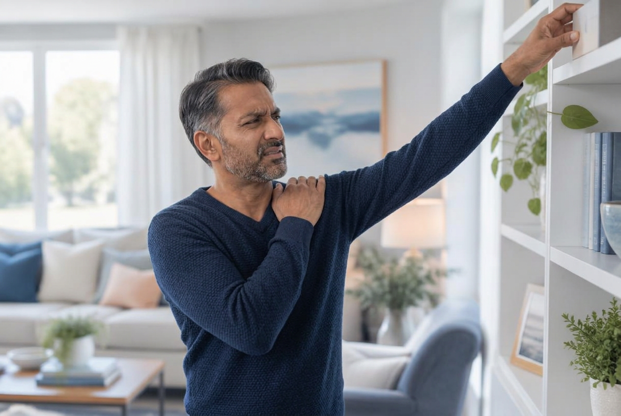 Man supporting his painful shoulder while reaching overhead
